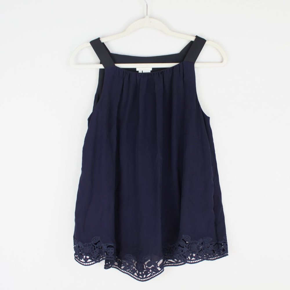 NEW Kate Spade Embroidered Trim Silk Top, Rich Navy, Small, Sleeveless, Lined - Picture 1 of 15